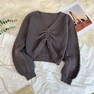 Girls’s Gray V-Neck Ruched Sweater